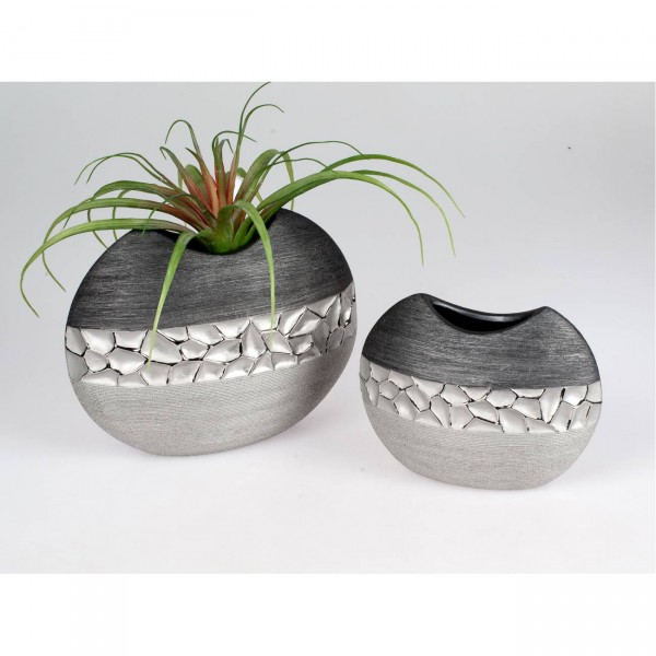 17cm 2er Set Deko Vasen MODERN STONES oval H 21cm silber grau Keramik Formano 